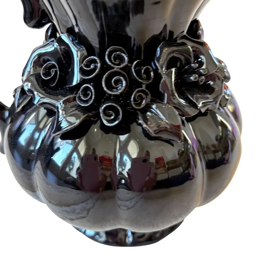 Potter's Studio Black Floral Ceramic Pitcher w/ Embossed Roses 7